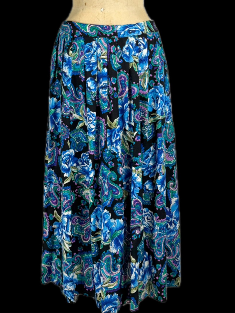 VINTAGE 80s dark moody maxi skirt midnight royal blue floral paisley pleated